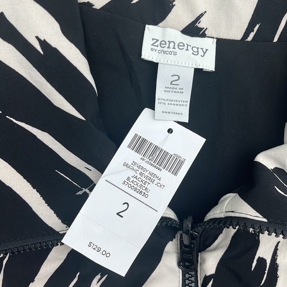 NEW Chico’s Zenergy Neema Black Ecru Print Reversible Jacket 2 Standard L 12 NWT - Picture 2 of 8